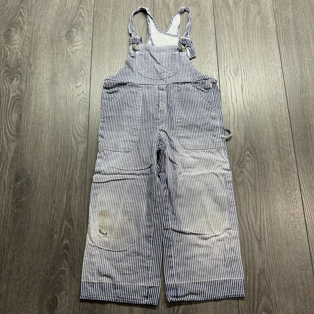 Vintage 1960s Kids Hickory Stripe Overalls Blue White Denim Bibs Distressed Rare